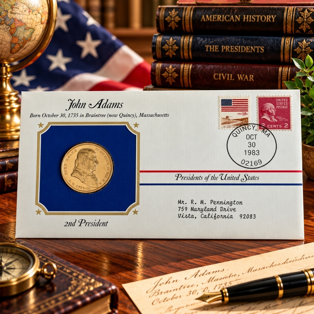John Adams 2nd President Postal Commemorative Society Gold Medal Cover
